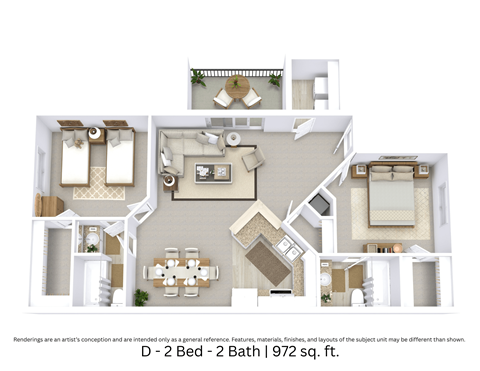 Floor plan for 2 beds, 2 baths, 972 sqft